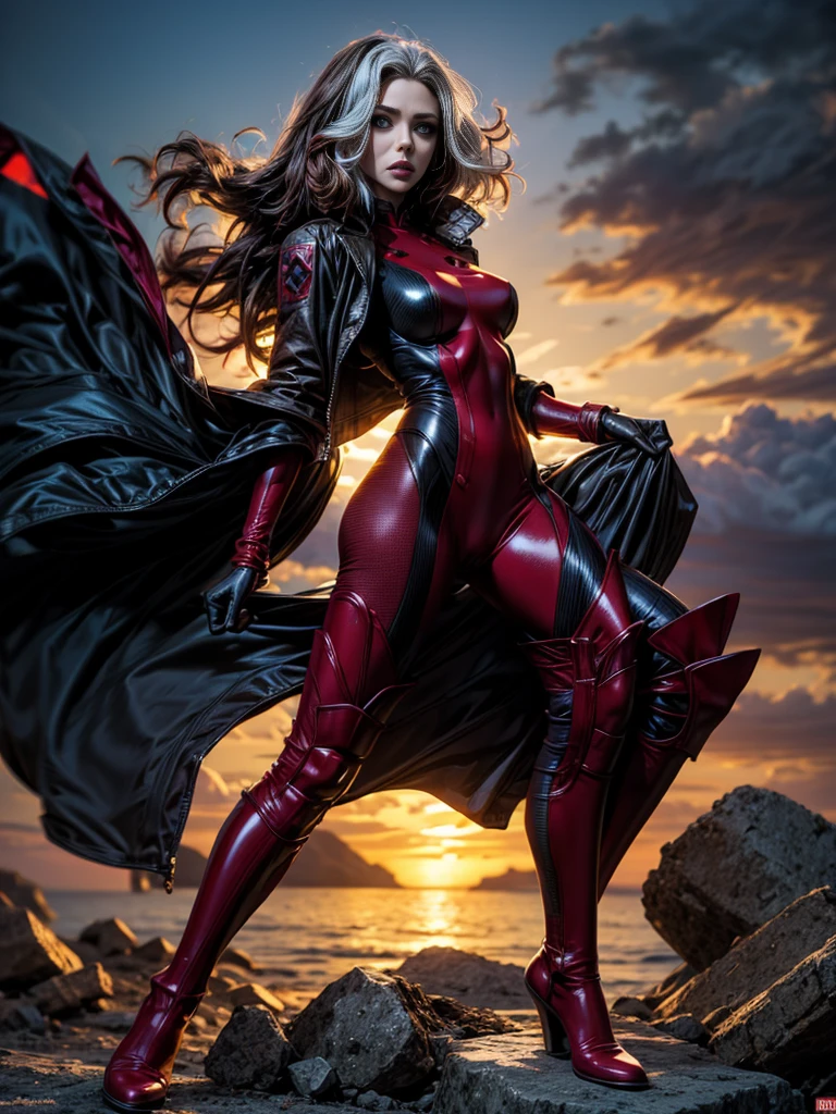 Scarlett Johansson、masterpiece、High quality 4K、villain (X-Men)、Gothic Girl、Sculpted Body Gothic Makeup、Black jacket、Red and blue bodysuit、masterpiece、Highest quality、Cowboy Shots、One personの女の子、One person、Technology Military Bodysuit、fringe