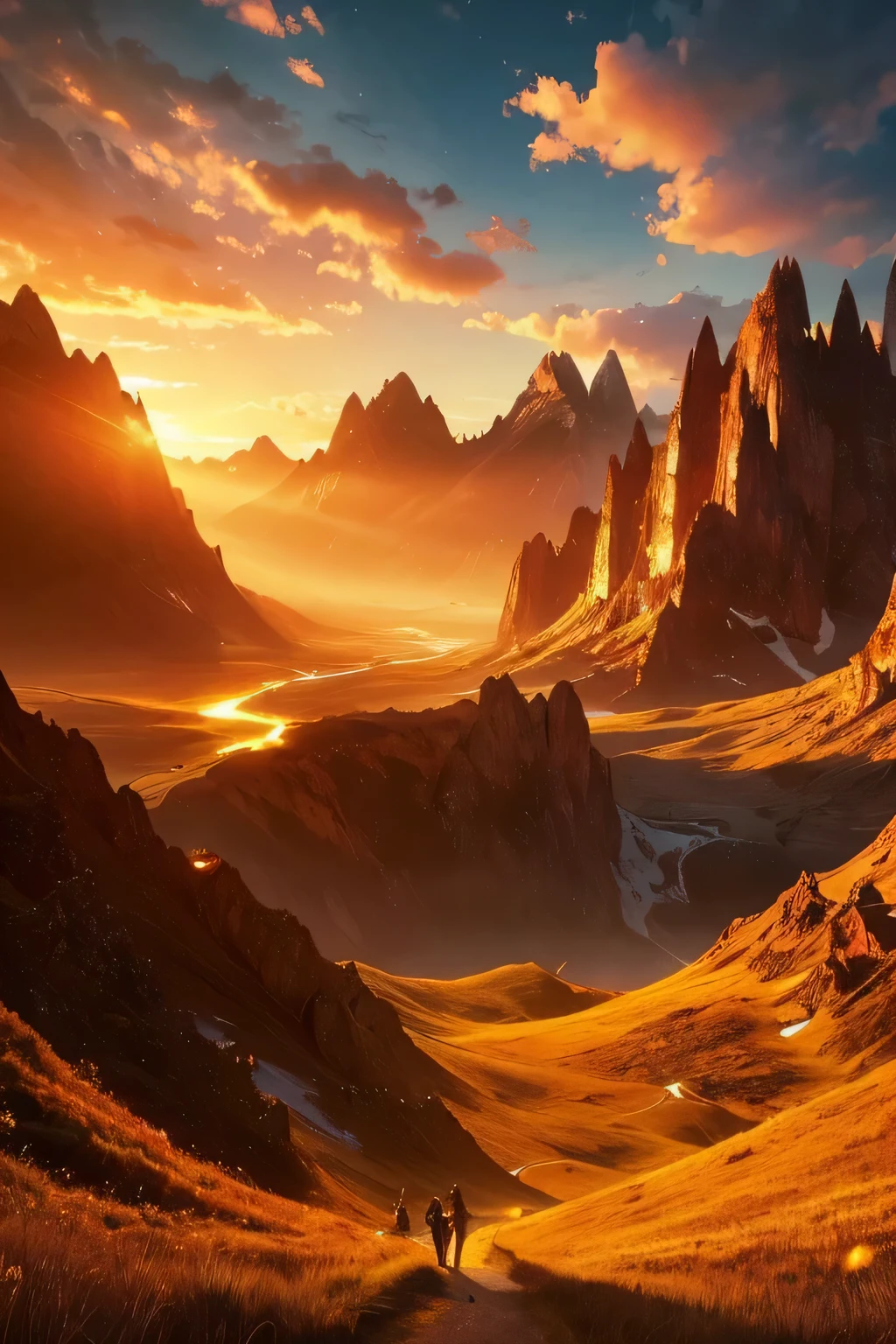 This image appears to be a stunning digital artwork featuring surreal golden landscapes with mountains and a glowing sky. If you want to create something similar using a prompt, you can try something like:
"Create a surreal golden landscape with glowing mountains and a radiant sky. The scene should have a dreamy, ethereal quality with swirling golden light and intricate details. The atmosphere should feel otherworldly, with a touch of fantasy and tranquility."
This should help in generating a
