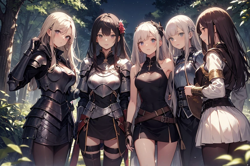 A group of female knight, (in forest), various hair styles, harem, wearing armored clothes, metal armor, night, details face, , short skirt, seducing, sword, showing armpits, sleeveless