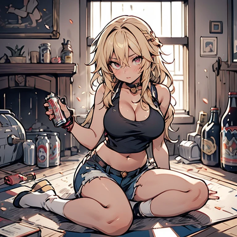 Anime Kawaii sexy Perfect Slim sensual body large breast and huge thighs, An intricate and highly detailed illustration of anime (Young girl)  (best qualityer, work of art) ((1 girl)), ((única Woman)), Woman, Thick, big cleavage, Jumpy, hot head, melhorar, skin tanned, ((abdomen)) (darkskin) eyes black, hair blonde, Messy hair, ((((Tank Tops)))), sloppy, sitting on the floor, messy table, empty canned beers, inside a house