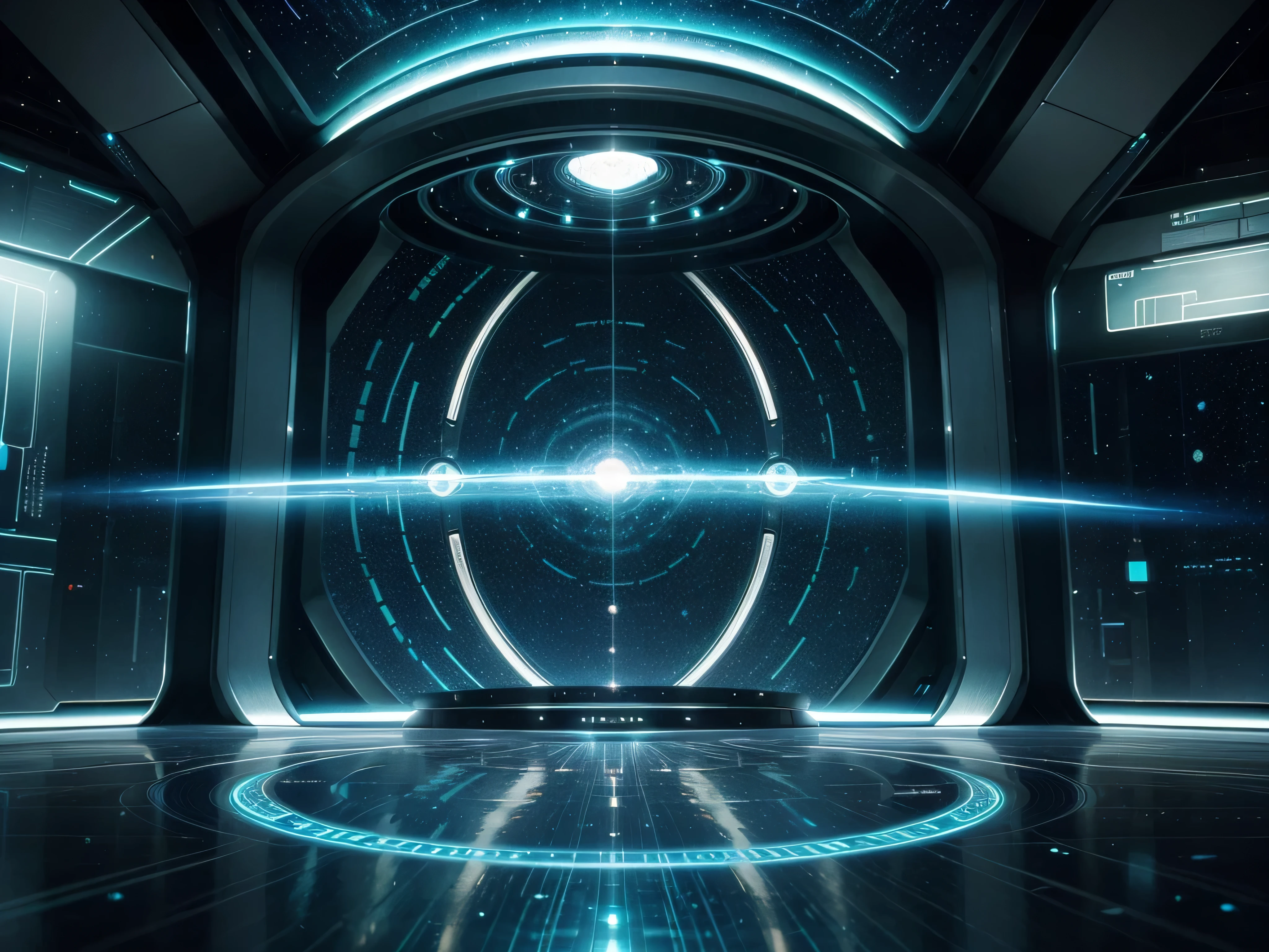 A luminously shimmering astronomic teleportation station, its every detail exuding cosmic elegance amidst futuristic technology: swirling galaxies reflected in sleek metallic surfaces, intricate energy conduits pulsating with ethereal light, and holographic control panels casting kaleidoscopic shadows. This captivating scene is depicted in a high-quality science fiction art piece, where the main subject is a massive portal encased in shimmering energy fields. The overall composition is a stunning blend of celestial beauty and advanced machinery, inviting viewers to envision the limitless possibilities of interstellar travel.