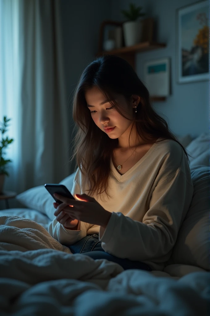 Woman sitting on bed with cell phone