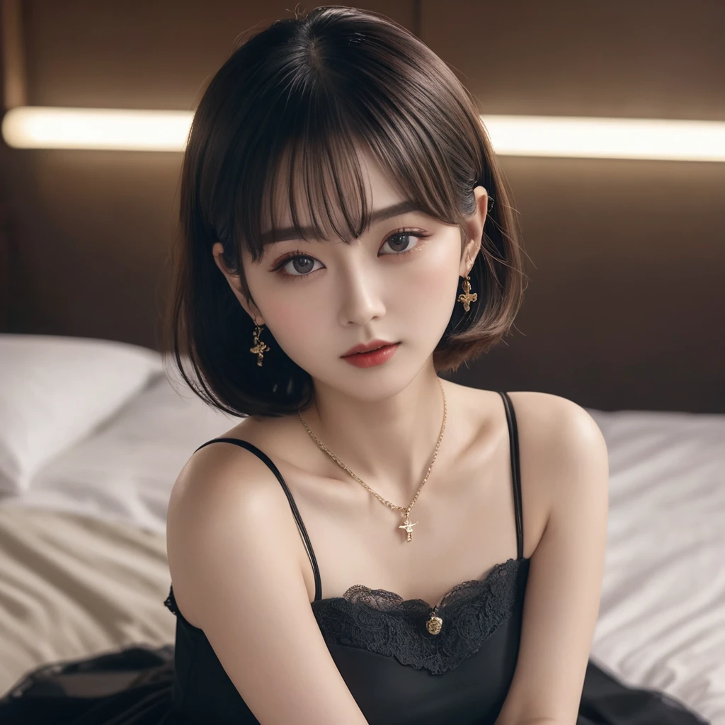 ((Highest quality))、(masterpiece:1.3)、(Best image quality)、(Highest Resolution)、sharp、devil princess、(Perfect Body Beauty:1.3)、(Black Dress:1.3)、(Night view:1.6)、(Lock:1.3)、Highly detailed face and skin texture、Small face、(short hair)、(Cute Woman:1.3)、(Be distracted by strong sexual desires)、Big eyes、necklace、bangs、((One Woman))、((Dirty Dress))、(handcuffs:1.3)、bracelet、(Lock collar:1.3)、ring、(Lock accessories:1.4)、Suppressed、(restrain with Locks:1.4)、(Falling to the Dark Side:1.4)、Me、Downward eyebrows、Tied up、(palace:1.4)、Fantasy Castle、(I am going to cry:1.4)、(I want you to rape me:1.3)、(Devil's Wife:1.4)、bracelet、Cleavage、Side bust、Dark Room、(Devil's World:1.3)、((hell))、(princess of hell:1.3)、((Devil horns)),((Red cheeks))、(Picture Frame)、tiara