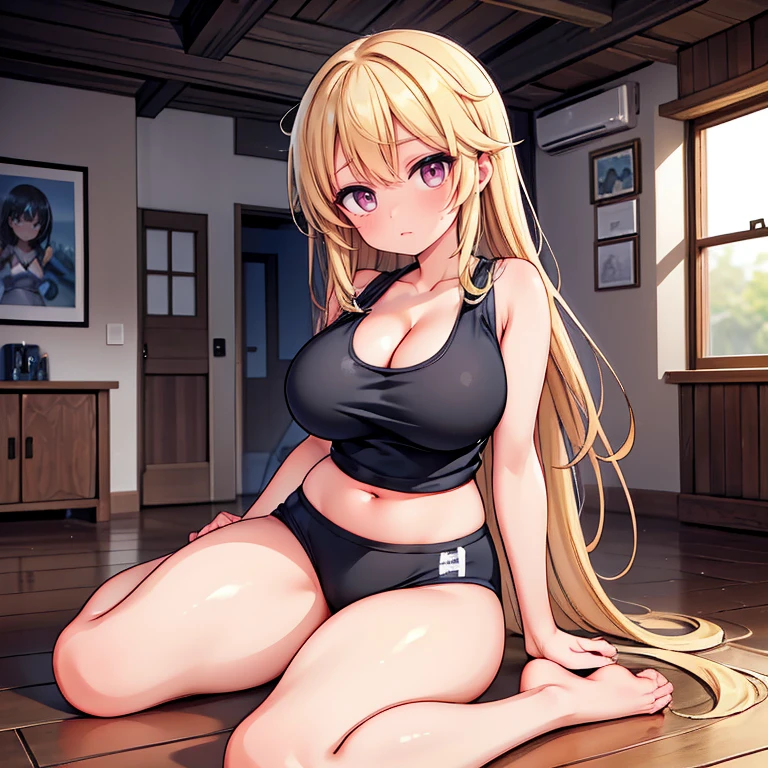 Anime Kawaii sexy Perfect Slim sensual body large breast and huge thighs, An intricate and highly detailed illustration of anime (Young girl)  (best qualityer, work of art) ((1 girl)), ((única Woman)), Woman, Thick, big cleavage, Jumpy, hot head, melhorar, skin tanned, ((abdomen)) (darkskin) eyes black, hair blonde, Messy hair, ((((Tank Tops)))), sloppy, sitting on the floor, messy table, empty canned beers, inside a house