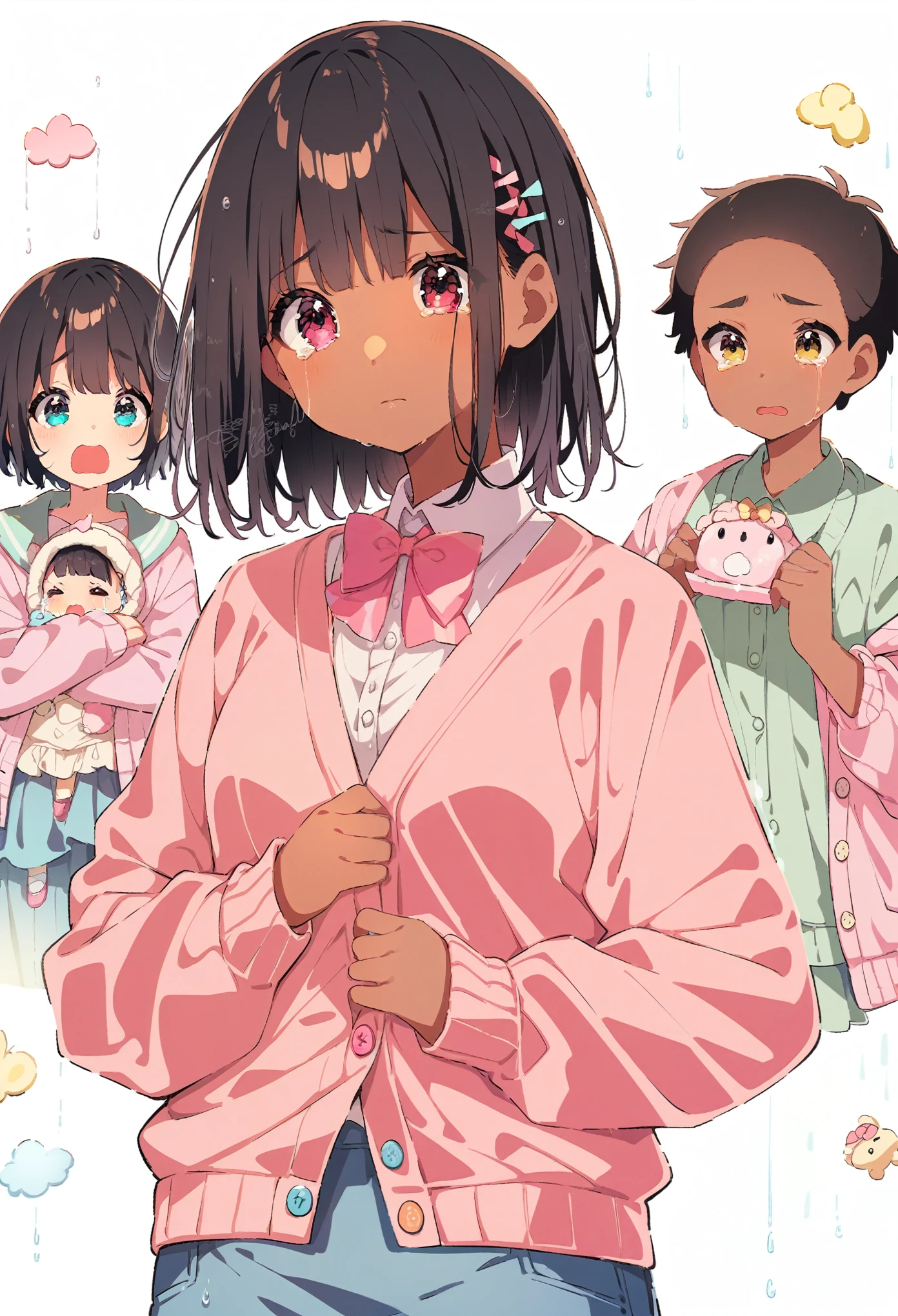 brown skin、short black hair、baby blue jean skirt with pink belt,pastel pink cardigan with buttons and a pastel pink bow,crying、tears streaming、raining、4k、african american、brown skin、dark black hair white background,