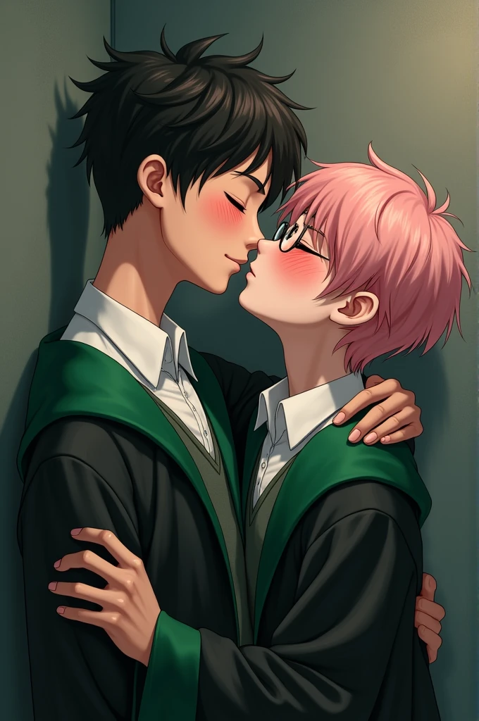 young light-skinned asian male, thin features, short black hair, closed eyes con uniforme de Slytherin camisa blanca, black and green robe passionately kisses young pink-haired man, closed eyes, shorter in stature and childish features without glasses in a Slytherin uniform, black and green robes and white shirt, both blushing against a wall