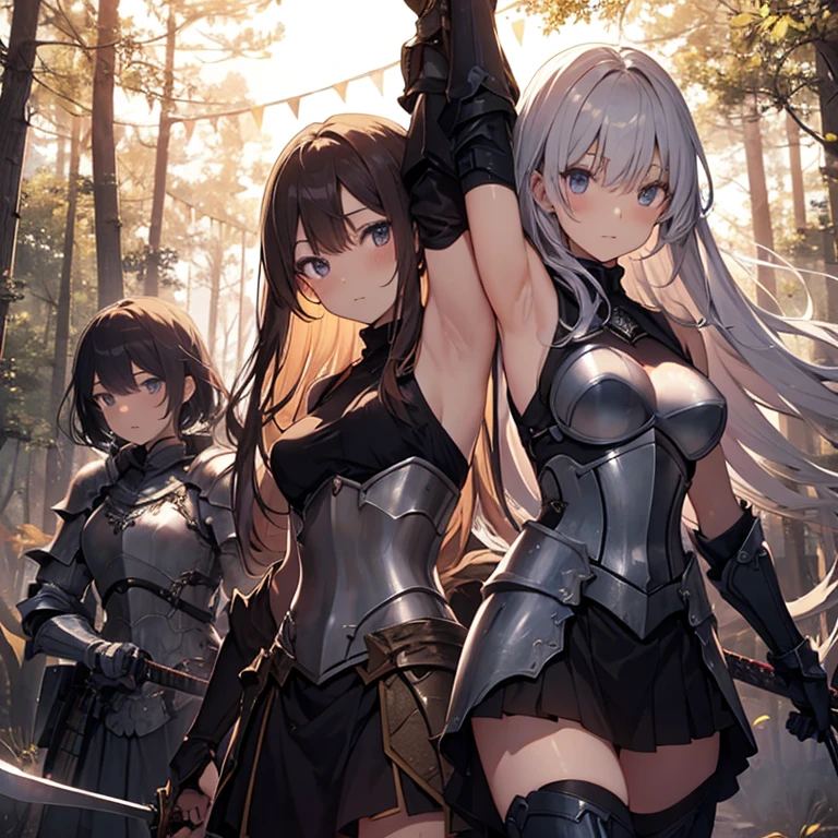 A group of  female knight, (in forest), various hair styles, harem, wearing armored clothes, metal armor, night, details face, , short skirt, seducing, sword, showing armpits, sleeveless