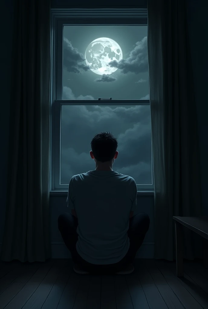 something like a young guy sitting around the corner beside the window, feeling devastated and depressed. dark and shady room, heavy room outside, moon half covered in the clouds 