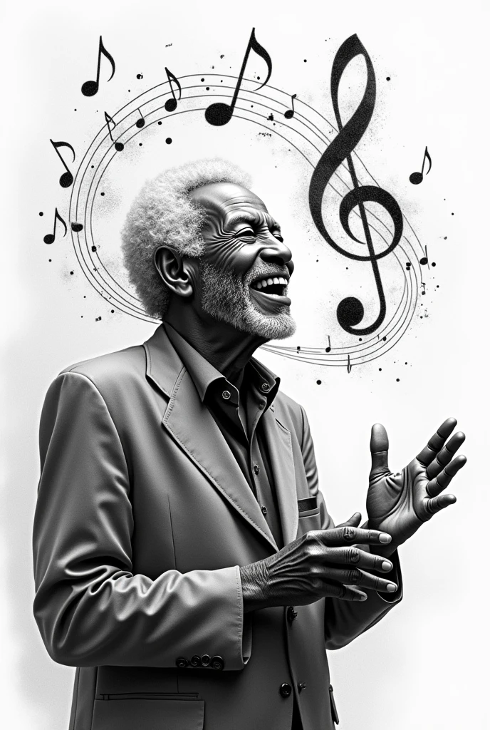 Black and white draw of an old black jazzman smilling with music around his head
