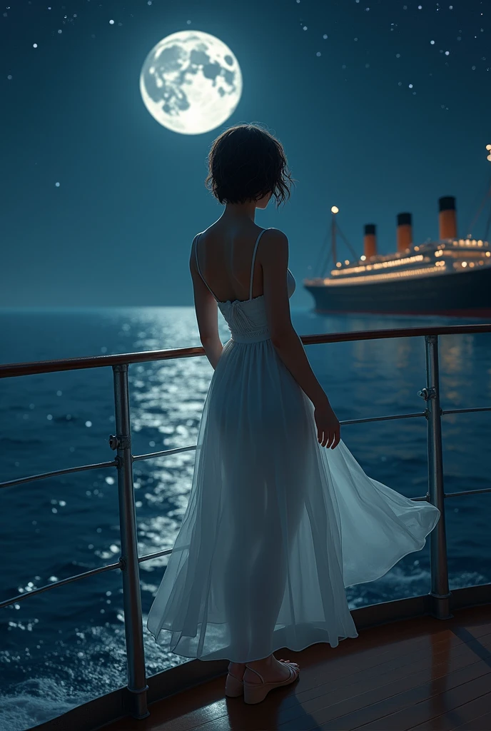  A woman with short hair and glasses, Body cute, breasts big, Waist slender, Broad Hips,  in a long, sexy, transparent dress the wind moving her dress on the bow of the Titanic at night looking out to sea a beautiful night the stars shining in the sky the full moon the calm sea 