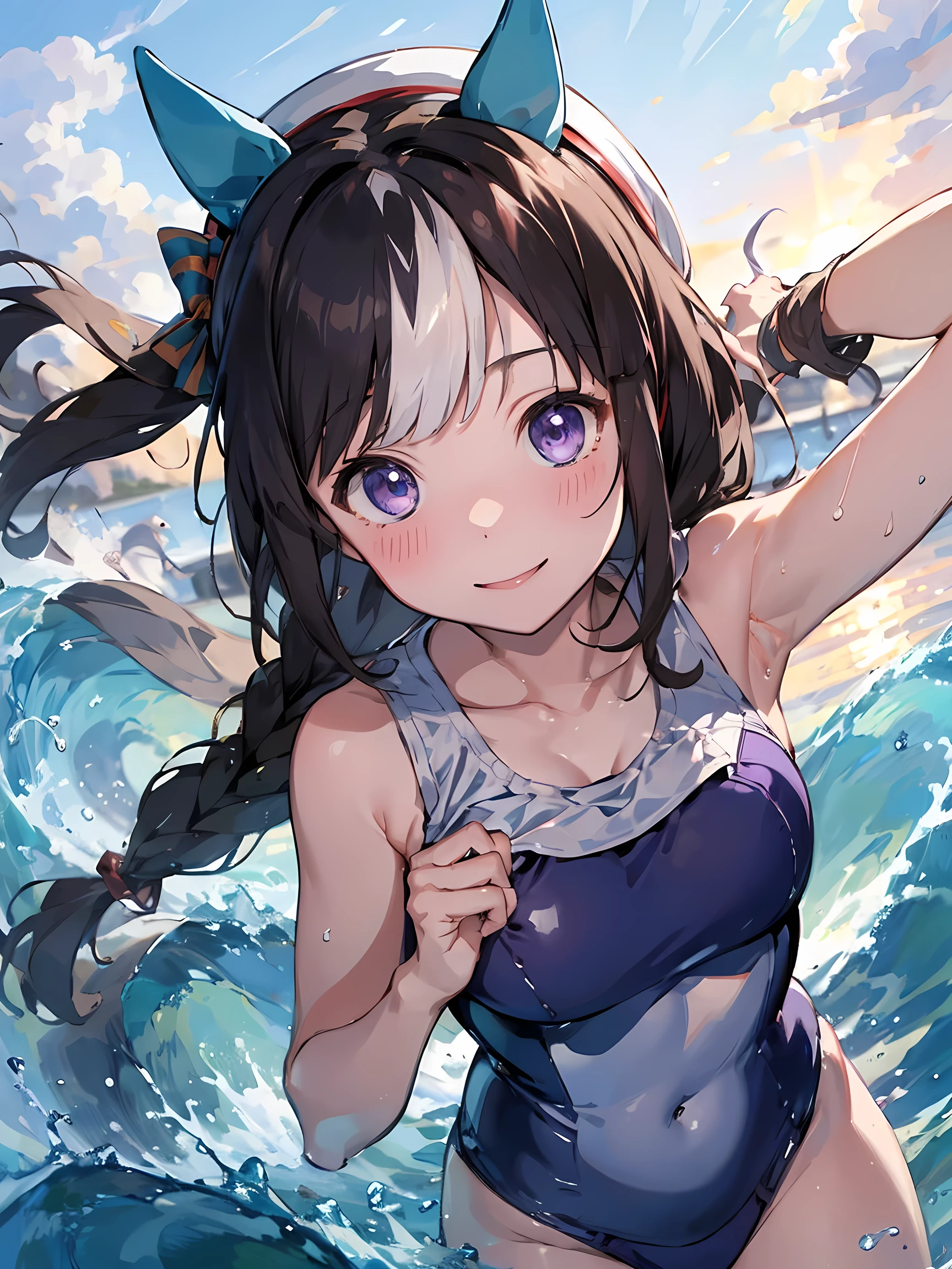 (masterpiece, best quality, perfect face:1.4) looking at viewer, smile, blush, hokko tarumae \(umamusume\), Purple eyes, barefoot, horse taill, (School swimsuit:1.2), cowboy shot, beach, in wave, (wind:1.1), Sun shine