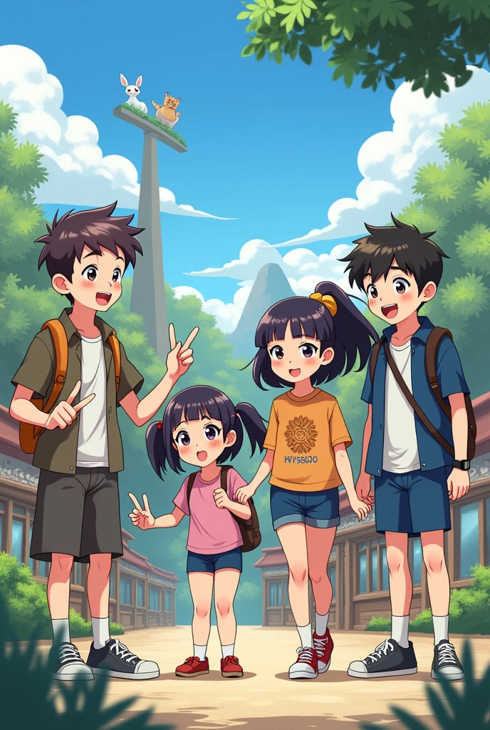 4 young people with mongoloids, 2 men 2 women at the zoo anime style