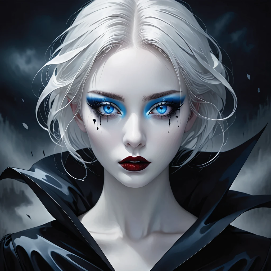 ((masterpiece)), Surreal, Portrait of a beautiful white skinned vampire (Black enamel), Heavy makeup, Bright Blue Eyes, In a dark and gloomy environment. (Prompt is in Portuguese)