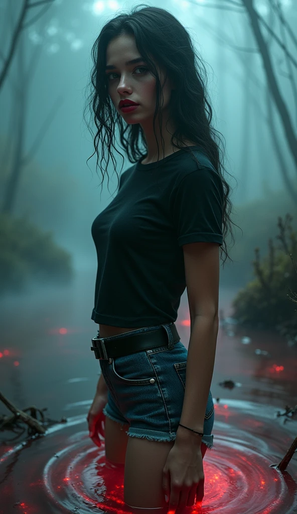girl in (istic black shiny rubber stockings) and denim cut-offs and t-shirt stuck in bog, red fog, blue green fog, red lips