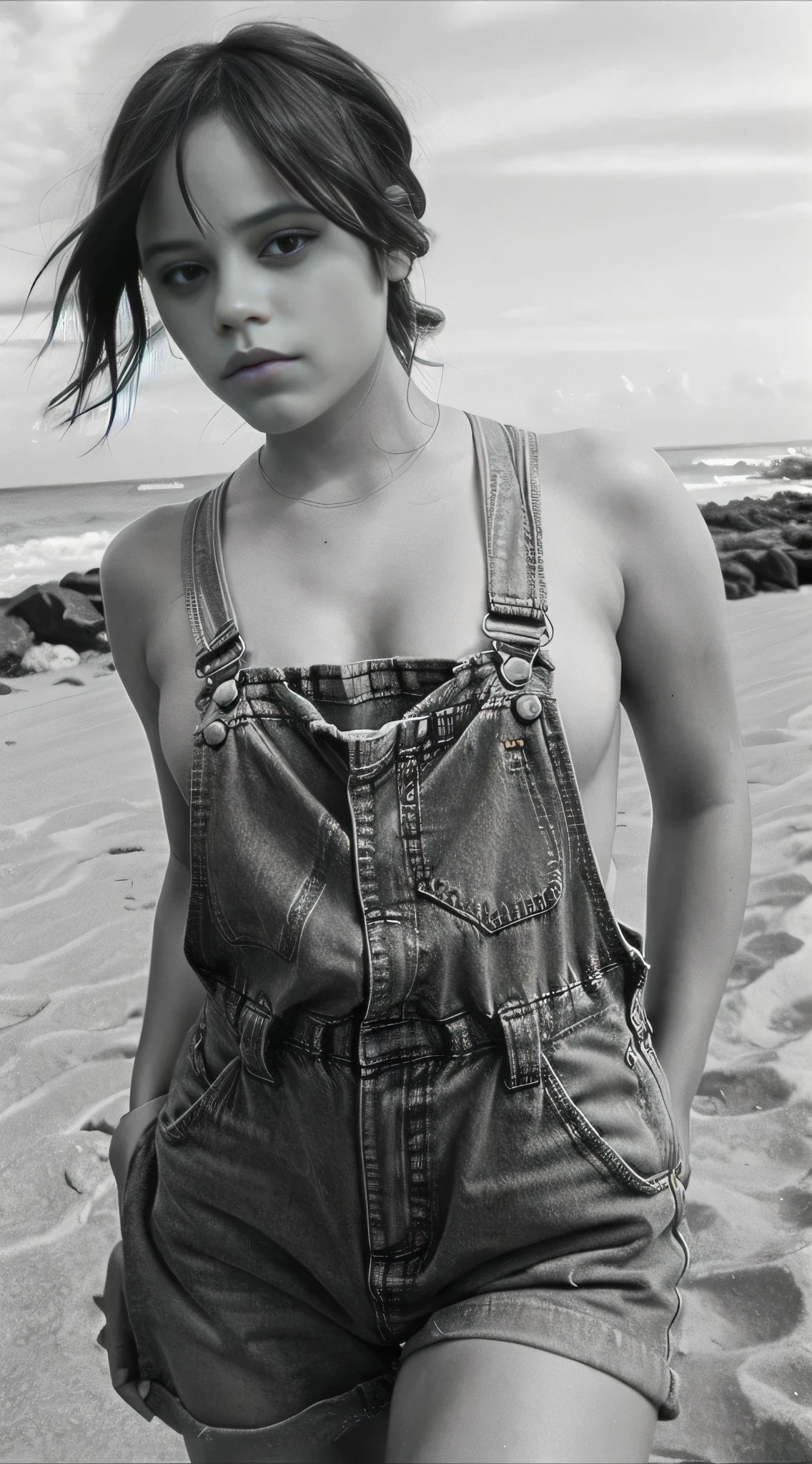 jenna ortega on the beach, wearing nothing but overalls, hyperrealistic, hyper detailed, photograph, nsfw