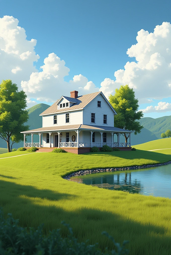 A white farm house with a wrap around porch on a hill in the middle of a lot of land with a pond