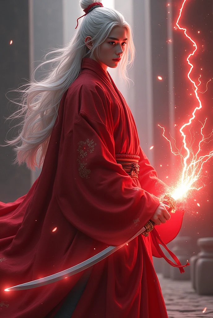 A young man around 20 years old with long white hair and a red Japanese kimono that covers his entire body , with a sword at his waist , in his hands red thunders