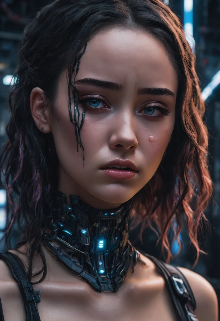 a closeup of a woman (((Alycia Jasmin Debnam-Carey))) naked with a tattoo on her arm, A black line painted across his eyes like in The 100. , cyberpunk beautiful girl, beautiful cyberpunk girl face, cyberpunk dreamy girl, Ultra-realistic 8K cyberpunk art, cyberpunk 2 0 years. o model girl, beautiful cyberpunk woman model, The portrait of the cyberpunk girl, Highly detailed 4K digital art, beautiful digital artwork, Cyborg Cyberpunk. rosa, 4k realistic digital art, She is crying, her expression is sad and melancholic.