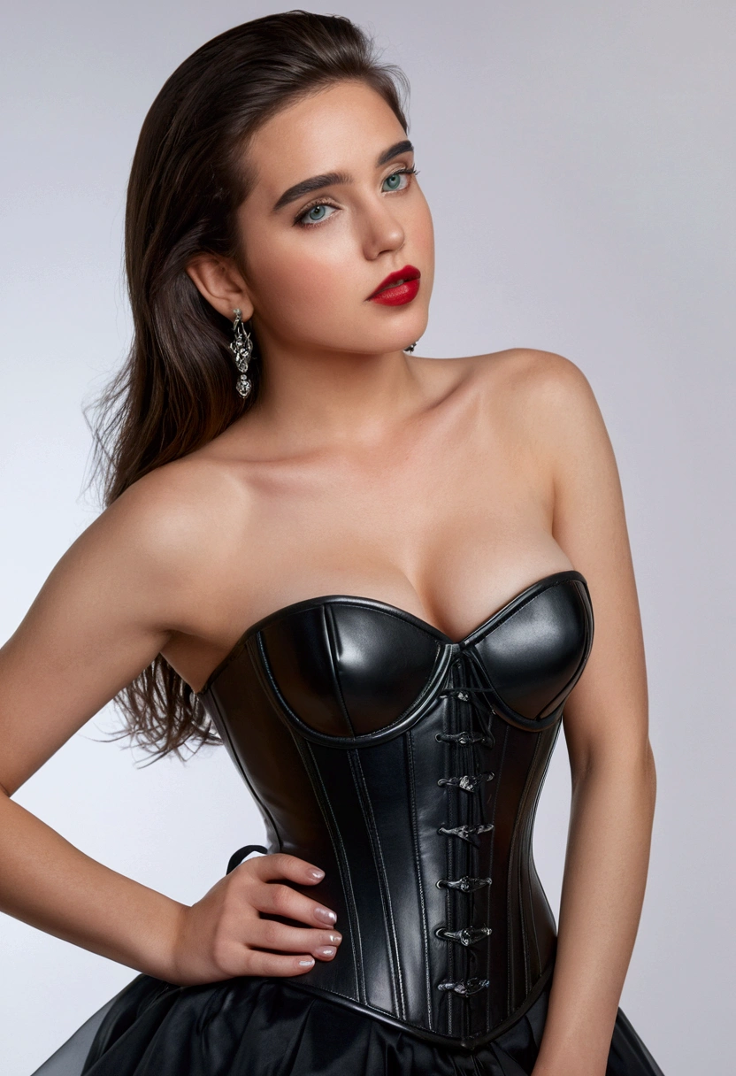 (best quality,4k,8k,highres,masterpiece:1.2),ultra-detailed,(realistic,photorealistic,photo-realistic:1.37),beautiful eyes,beautiful lips,detailed face,red lipstick,gorgeous woman, sexy black leather dress, sexy elegant fashion model, sexy elegant look,long eyelashes,confident expression,flawless skin,posing gracefully sexy,head to stomach shot, black leather strapless mini corset,bare stomach,sexy naked medium Breasts,flowing fabric,soft and silky material,graceful movement,vibrant colors,artistic lighting,studio photo shoot, dreamy atmosphere