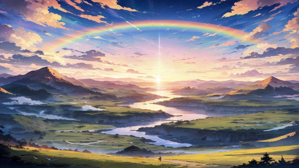 anime、デジタルanimeアート、Flat Design,(masterpiece:1.2)、high quality、High resolution、Very detailed、(Amazingly absurd:1.2)、break,Bird with rainbow feathers、Colorful background、Beautiful light effect、Wonderful landscape