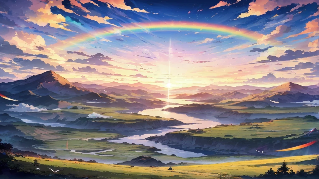 anime、デジタルanimeアート、Flat Design,(masterpiece:1.2)、high quality、High resolution、Very detailed、(Amazingly absurd:1.2)、break,Bird with rainbow feathers、Colorful background、Beautiful light effect、Wonderful landscape