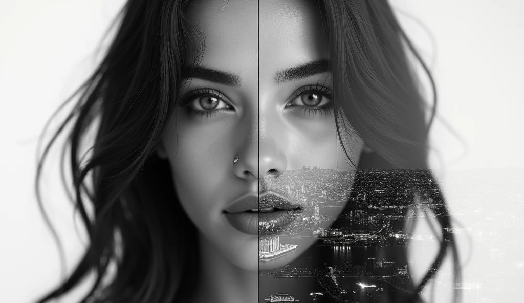 double exposure of a beautiful womans face looks straight in the camera, her skin is absolute clear and wonderful her hair black, the second part of the image is a large city, put the images together with a stroke in the middle, black and white photography, hyper realistic, ultra detailed, award winning photography