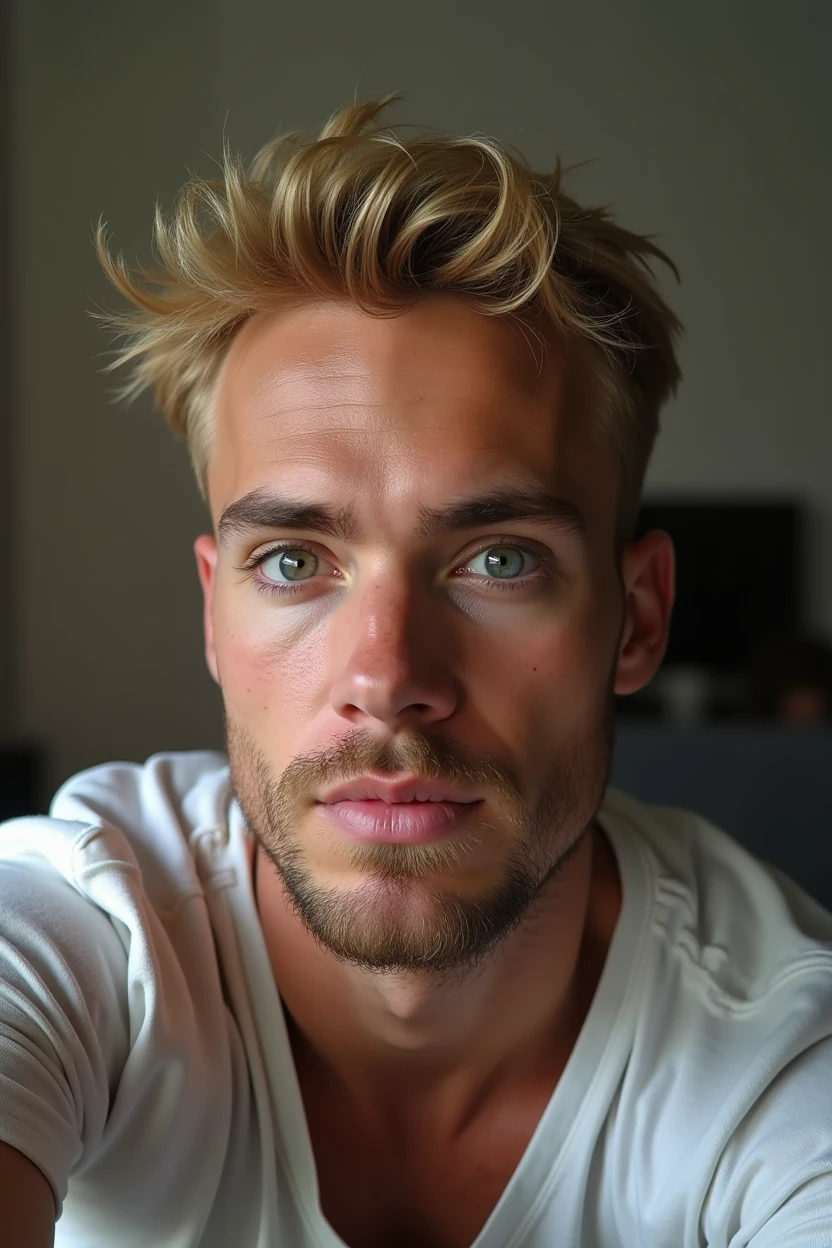 homme de 23 ans, beau, Aaron Paul (coupe de cheveux blonde foncée, bonne mâchoire, De grands yeux sombres, bien construit, ajuster,) selfie assis sur le canapé