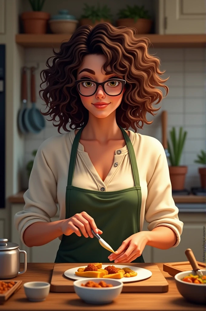 Woman with curly hair wearing glasses cooking 