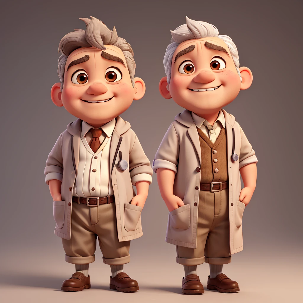 grining old little doctor, a little overweight, remake to disney persona, no beard, big ears, brown eyebrown, grey hair, white coat, stethoscope, grin, grey hair, hair little to side, low eyebrown, low eyes, 85 kg, little eyebrown, half-closed eyes