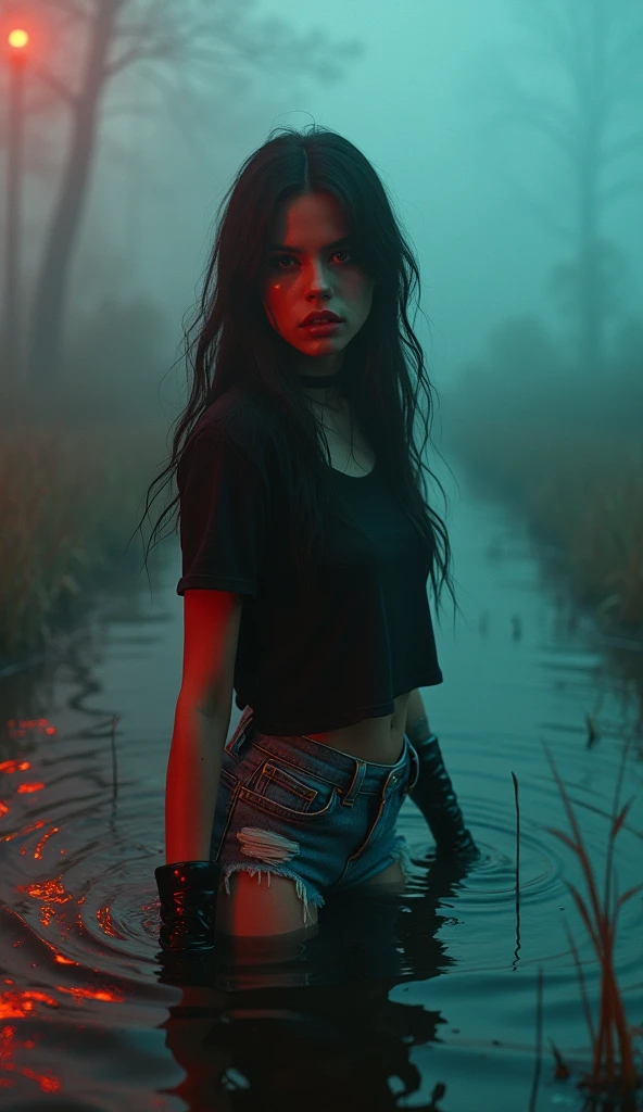 [Core Concept] A striking, surreal portrait of a young woman trapped in a mystical, otherworldly bog, enveloped in a hazy, chromatic atmosphere.

[Character Description] A beautiful, enigmatic girl clad in a provocative ensemble of shiny black rubber stockings, denim cut-off shorts, and a simple t-shirt, her expression a captivating blend of vulnerability and defiance.

[Environment/Background] The girl is submerged in a haunting, fog-shrouded bog, the landscape awash in a mesmerizing blend of red, blue, and green hues that create an unsettling, dreamlike ambiance.

[Style and Atmosphere] The scene has a distinct fetishistic, neo-noir quality, with the girl's striking attire and the surreal, atmospheric setting evoking a sense of mystery, tension, and the supernatural.

[Composition] The girl is the central focus, her figure framed by the swirling, ethereal fog and the rich, contrasting colors that lend a sense of depth and drama to the composition.

[Details and Embellishments] The girl's vivid red lips, a bold accent against the muted tones of her surroundings, add a captivating, sensual element to the scene, heightening the overall sense of intrigue and allure.

[Technical Specifications] The image should be rendered with a high degree of photorealism, with careful attention to the textures, lighting, and atmospheric effects to create a truly immersive and evocative visual experience.