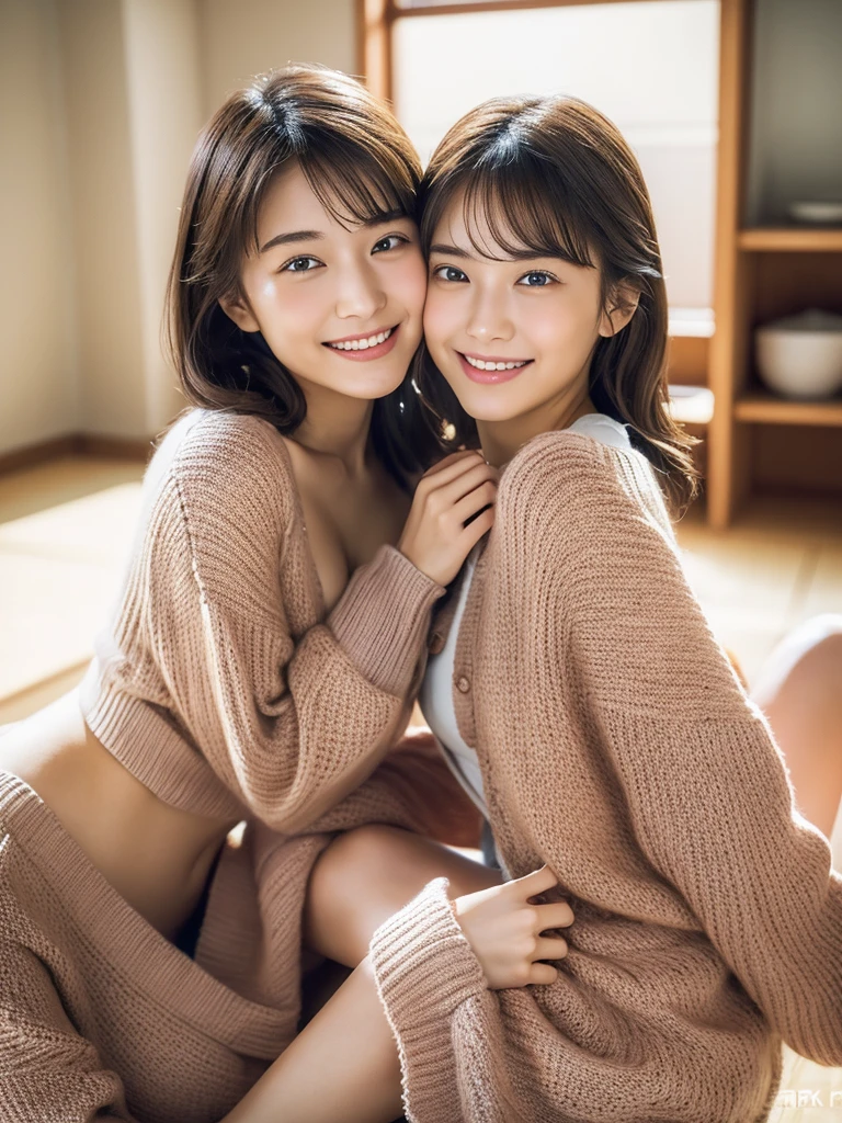 (many people),japanese high school three student,school uniform,idols,up skirt,no panties,delicate,beautiful 18 years old girls,side by side,big breasts,full body,torogao,smile,looking at viewer,squatting cowgirl position,spread legs