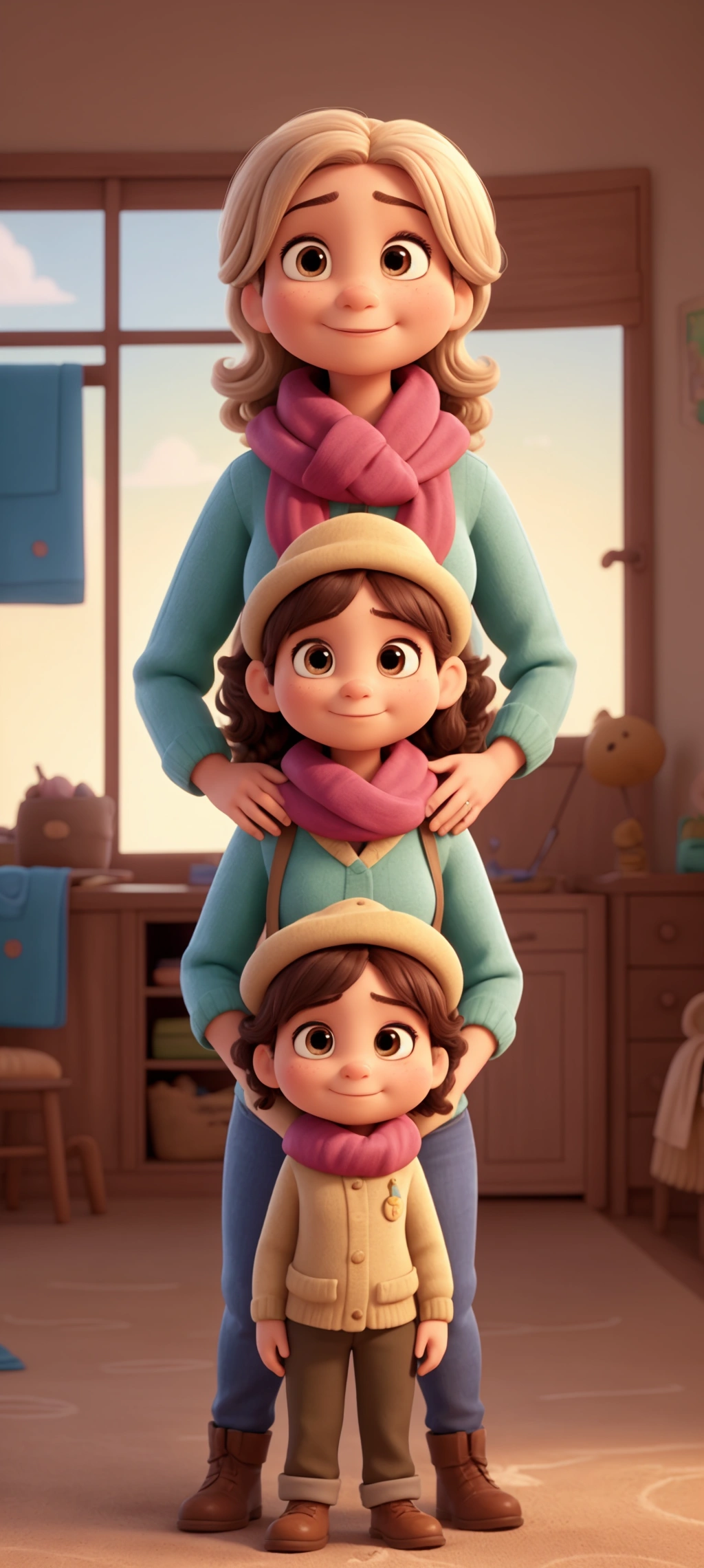 Pixar style cover of a family ready for a great adventure, perfect for the cover of a Pixar style story. **The mother**, with a pink scarf and medium-straight blonde hair, with tanned dark skin **the father**, with a safari hat, green eyes, and features of a slightly older person. **The eldest daughter** a, with her long dark brown curly hair, 19 years old, **The middle daughter**, her hair is very long wavy, dark skin color, 16 years old **The youngest daughter**, completely straight hair and she is 10 years old .