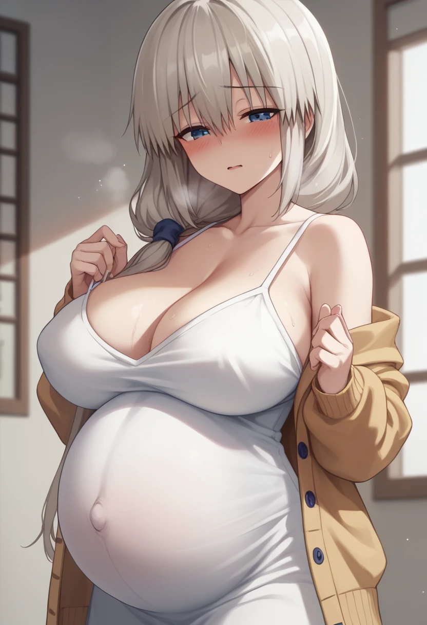Huge breasts、blush、Sweat、In the heat、Long white hair、Braiding、uzaki_fortune、
{Highest quality}, {so beautiful}, {Very detailed}, {Best illustrations},Life、slim:1.5、Camisole long maxi dress(tight)、cardigan、Are standing、Pregnant women:2