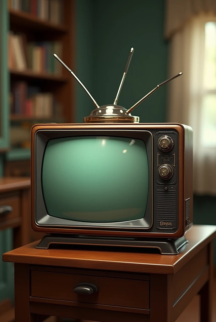 Old television with antenna facing forward on top of the table with the name Diflen on the top of the television