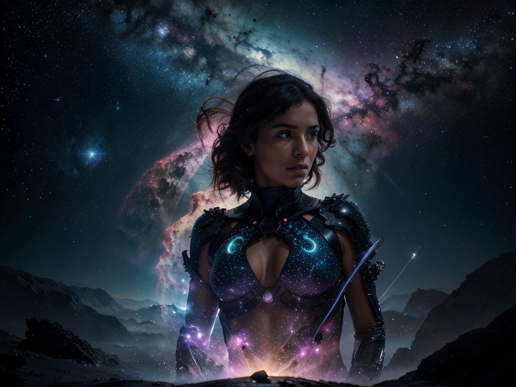 A stunningly intricate silhouette against a cosmic backdrop, the fabled nebula navigator stands out in a macro photograph. This image captures a painting-like scene, showcasing the navigator's sleek curves and intricate details in vivid detail. Splashes of vibrant colors dance across the frame, highlighting the navigator's ethereal beauty. The high-quality image transports viewers to a fantastical world where stars and nebulae swirl around this enigmatic figure, inviting them to explore the wonders of the universe.