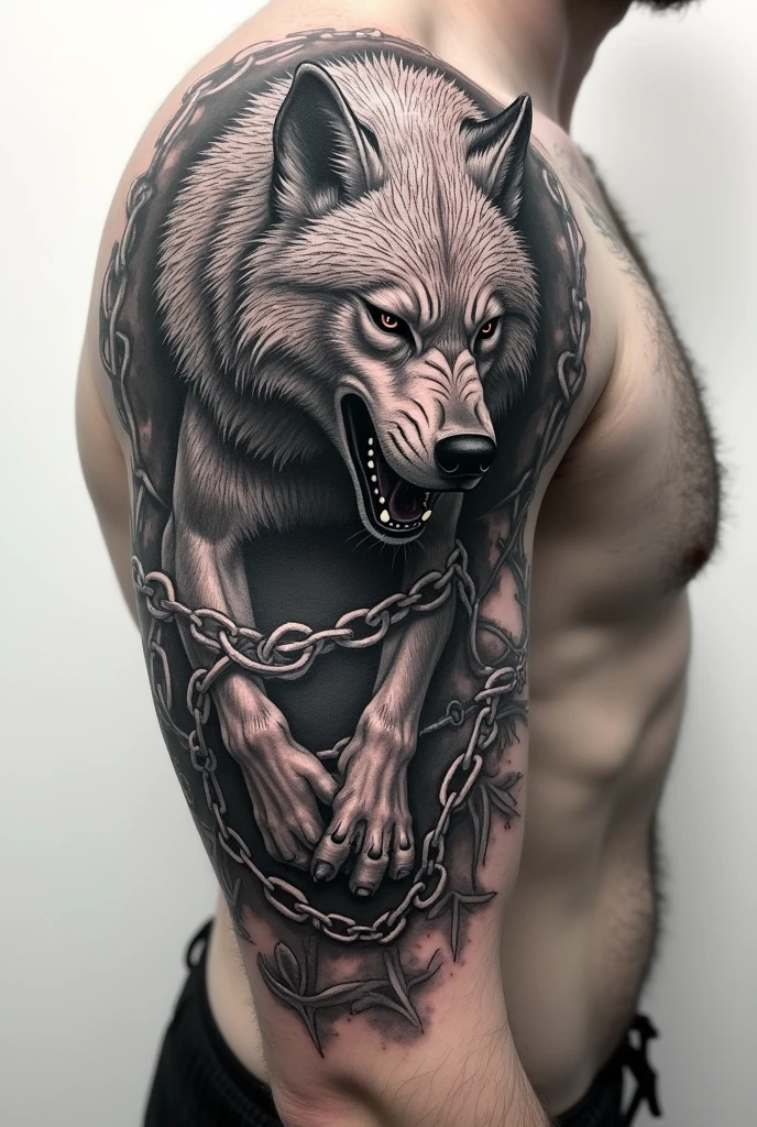 Create a pointillism tattoo of Fenrir the Viking wolf on his side in black and white with chains