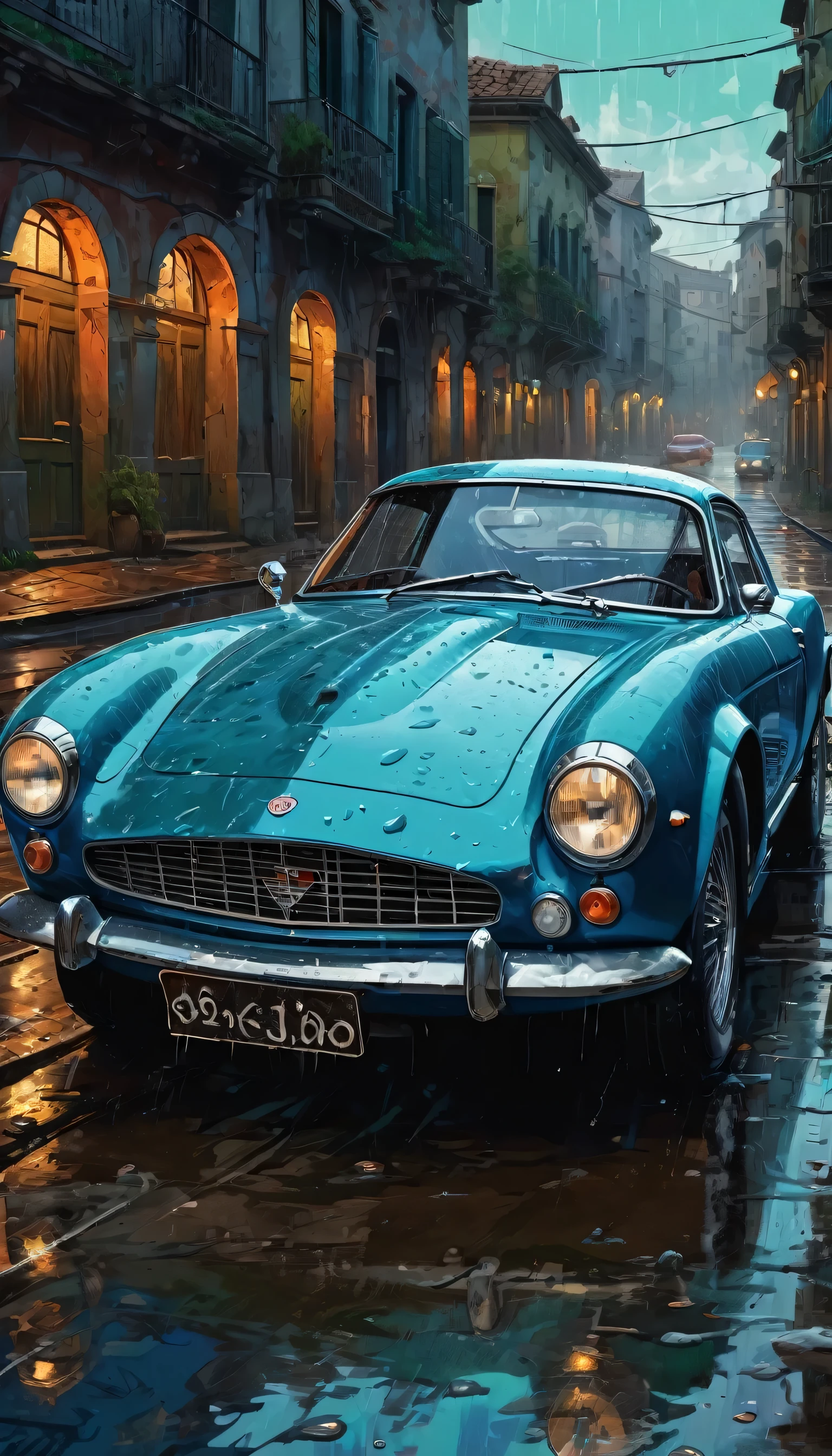 A blue race car in the style of sam spratt, historical vintage car, old masters, genndy tartakovsky, soggy, masaccio, a 1990s poster style with dark green and blue details, colorful with vibrant colors, (low-light, breathtaking panoramic:1.3)
