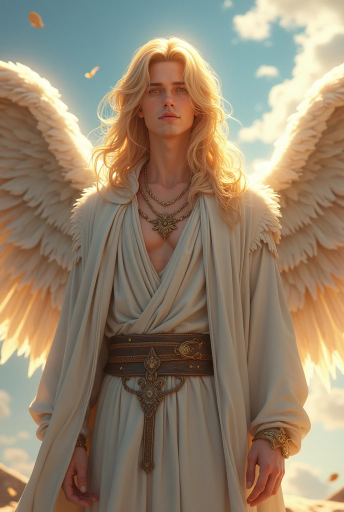 (best quality,8k:1.2,high resolution:1.2),epic cinematic image,glorious appearance,ultra-detalhado,Realistic,vintage god angel male,long blonde hair,rosto extremamente detalhados,big angel wings,soft white toga,metalic accessories,Physically-based rendering,sharp focus,natural lighting, anime style