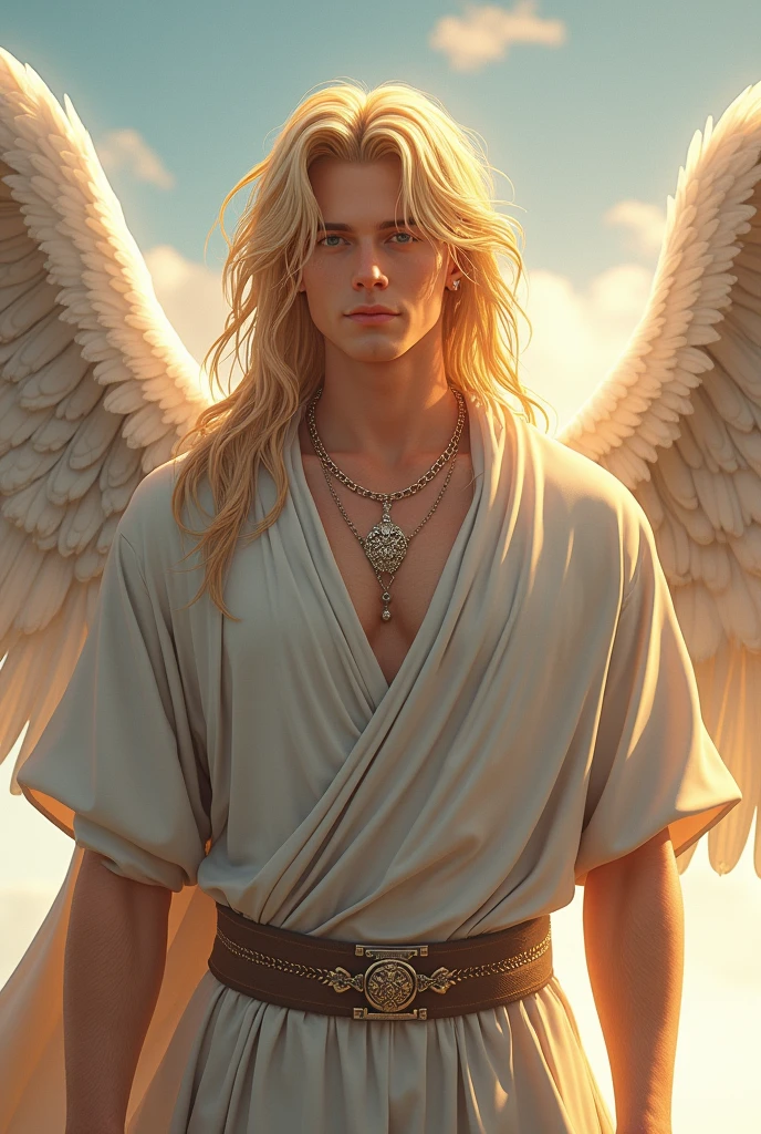 (best quality,8k:1.2,high resolution:1.2),epic cinematic image,glorious appearance,ultra-detalhado,Realistic,vintage god angel male,long blonde hair,rosto extremamente detalhados,big angel wings,soft white toga,metalic accessories,Physically-based rendering,sharp focus,natural lighting, anime style