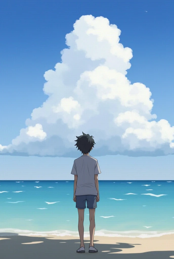 ((work of art)), ((best qualityer)), ((high resolution)), ((fine-details)),1 boy, bland_e20, average ass, short clothes, realisitic, class room, humida, ocean, へそ, sky, clavicle
