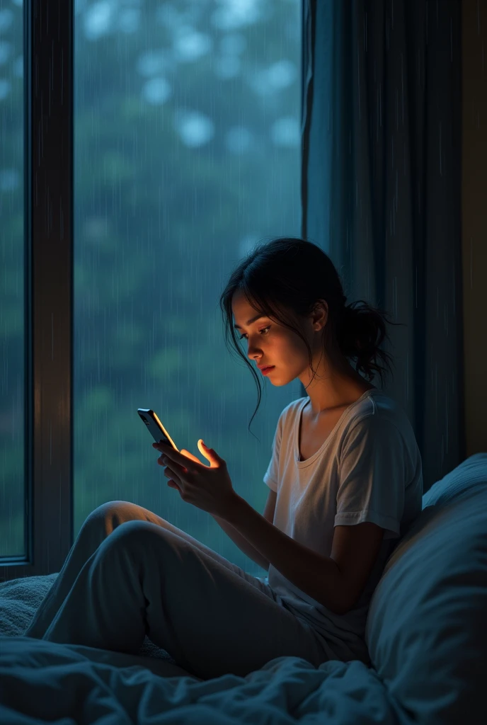 Woman sitting on bed with cell phone in rainy weather 