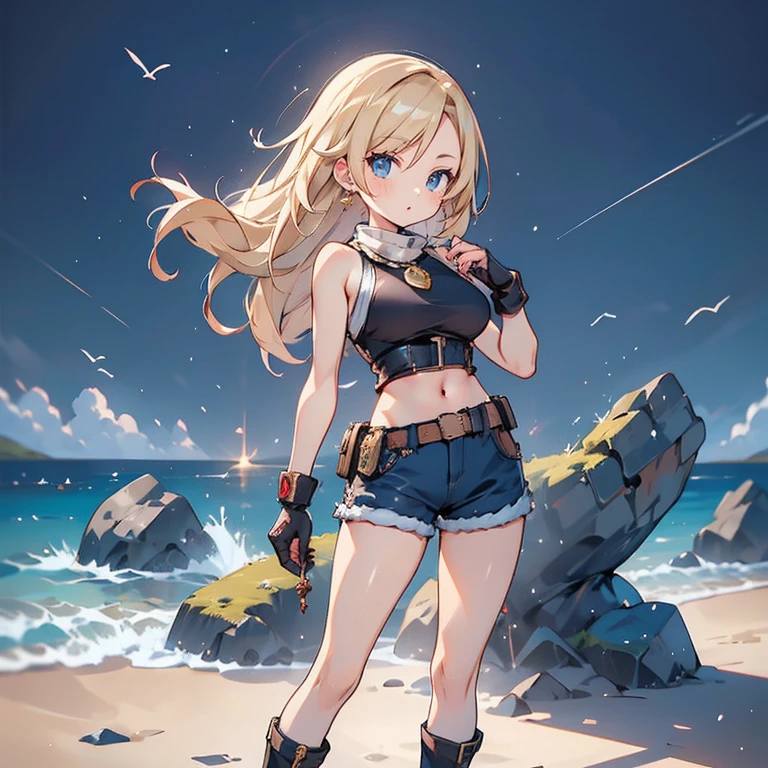 Anime Kawaii sexy Perfect Slim sensual body large breast and huge thighs, An intricate and highly detailed illustration of anime (Young girl)  Steppiece, best qualityer, ultra detali, absurdrez, Portrait of the cute android18DB, lifelike face, standing alone, aretes, jewerly, , Coraggioso, closed shadow, the beach, mitts, necklase, stone, standing, fighting position, volumetric lighting, best qualityer, tabletop, details Intricate, tone mapping, sharp focus, hyper detailled　Short pants　sleeveless