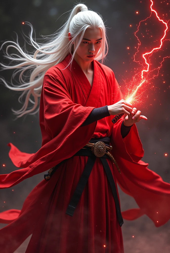 A young man around 20 years old with long white hair and a red Japanese kimono that covers his entire body , with a sword in the sheath , in his hands red thunders
