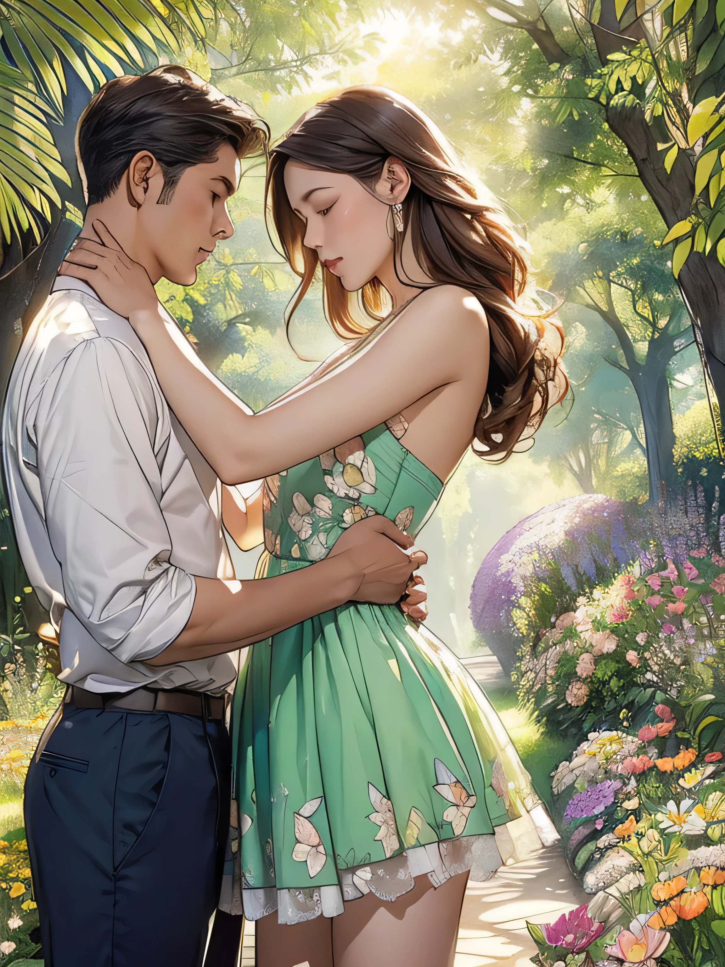 (There is a girl in a beautiful garden,sunny day,Soft sunlight,Lush greenery,Dainty Flower,Colorful butterflies,Pretty mini dress,喜びExpression,Peaceful atmosphere)。Moderate:Exquisite watercolor painting, Flower field with fine texture, A delicate touch, Graceful Movement, Delicate lighting, Warm tones, Elegant light reflection、((Standing Sex、Obscene conduct between men and women、A man caresses a girl))、((Arms crossed) wonderful))、((Underarm))、((Please put your hand over your mouth))、(Accurate arm depiction)、(Adjust your arm position)、(men and women'It's clear that the arms are not overlapping..)、Young people、(woman1)~Touching the body、Young people(woman1)Hug from behind、Young people(woman1)~~Touching the chest、Young people(woman1)lift wonderful the skirt of、Young people(woman1)return、 (woman'Expression、A face out of breath with eyes closed、Facial、Ecstatic face)、(((Standing Sex)))。Super long brown hair with loose waves inside、reaching down to the waist