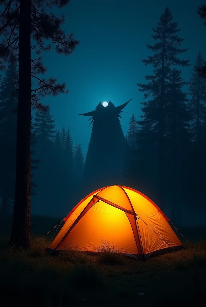 Picture of a tent at night and the tent is being watched by a mysterious creature.