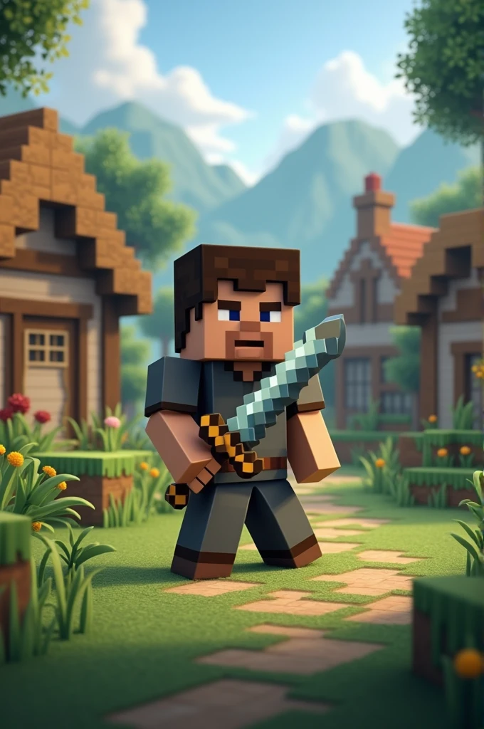 Minecraft character in front of a village crouching with a stone sword