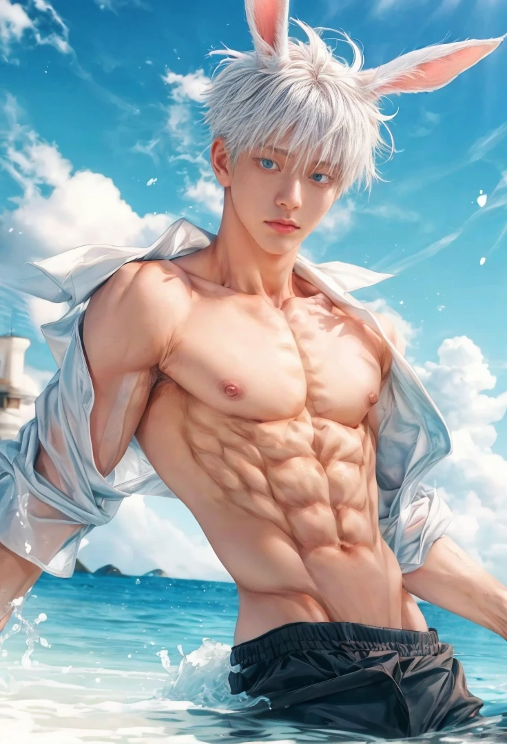 1 male, Japanese male model, high resolution 4k, adult, handsome, perfect face detail, detailed eyes and face, muscular, white eyebrow hair, white eyelashes, Naked torso, Detailed face, perfect face, dynamic lighting, Real skin texture, detail Perfect hand, details, Real and complete hand details, unreal engine, hd picture, satoru gojo, Jujutsu kaisen, white hair, short hair ,hair between eyes ,blue eyes, white skin, Shirt, rabbit ears, water splash detail
