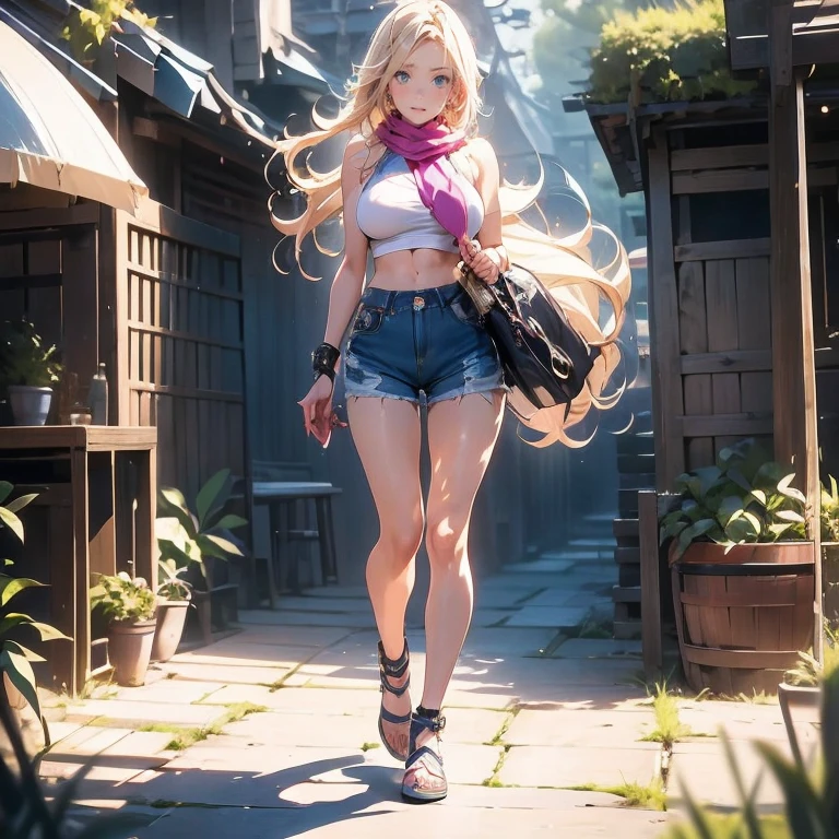 Anime Kawaii sexy Perfect Slim sensual body large breast and huge thighs, An intricate and highly detailed illustration of anime ( girl) Steppiece, best qualityer, ultra detali, absurdrez, Portrait of the cute android18DB, lifelike face, standing alone, aretes, jewerly, , Coraggioso, closed shadow, the beach, mitts, necklase, stone, standing, fighting position, volumetric lighting, best qualityer, tabletop, details Intricate, tone mapping, sharp focus, hyper detailled Short pants sleeveless