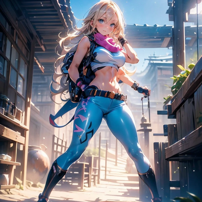 Anime Kawaii sexy Perfect Slim sensual body large breast and huge thighs, An intricate and highly detailed illustration of anime ( girl) Steppiece, best qualityer, ultra detali, absurdrez, Portrait of the cute android18DB, lifelike face, standing alone, aretes, jewerly, , Coraggioso, closed shadow, the beach, mitts, necklase, stone, standing, fighting position, volumetric lighting, best qualityer, tabletop, details Intricate, tone mapping, sharp focus, hyper detailled Short pants sleeveless