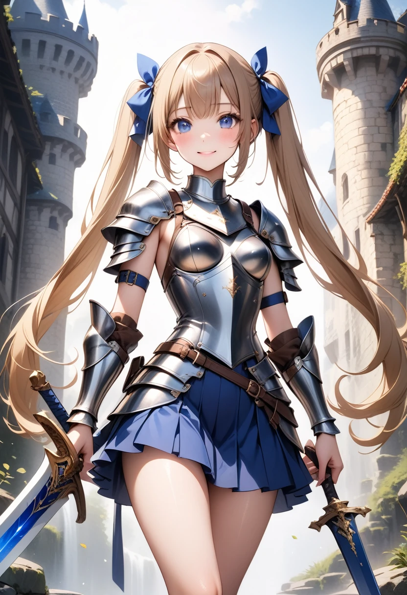 ((masterpiece,Highest quality:1.3,Highest qualityのイラスト)),Realistic,Cowboy Shot,1 Female,Female Knight、(25 year old beauty),((very small head:1.4)),((Ideal body proportions:1.3)),Blonde,Twin tails,Straight Long Hair,bangs,Gorgeous eyes,blue eyes,smile,(knight armor、Large sword、Blue pleated mini skirt),((Slender body,skinny)),Small breasts,Glowing Skin,Glowing Skin,Medieval European Castles、Fantasy world of swords and magic、, ai-generated,Shiny Costumes, skindentation,